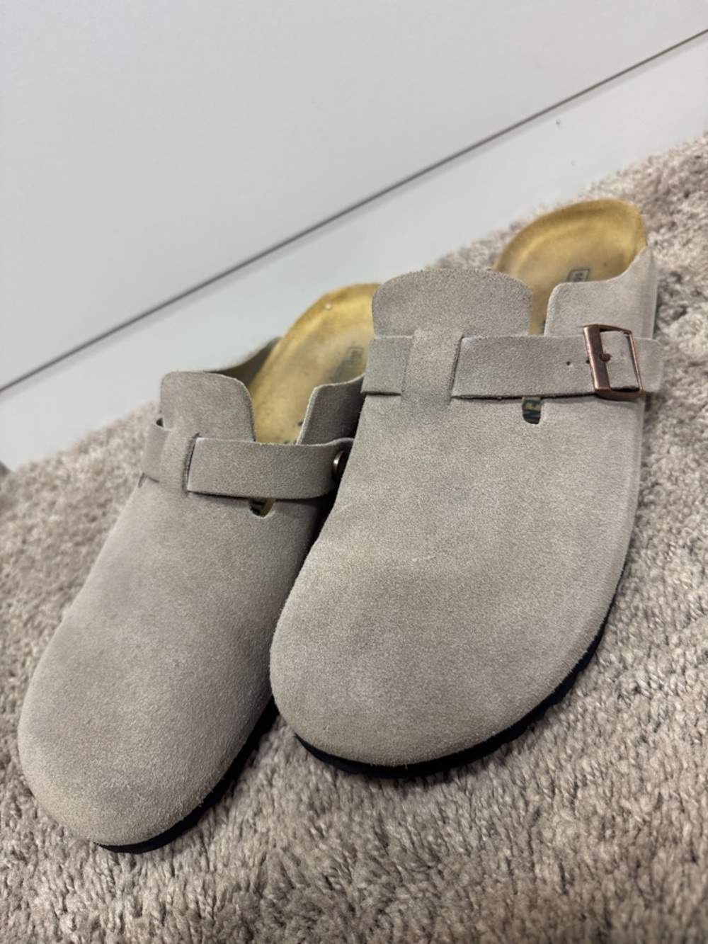 Birkenstock Suede Clog Mule in Taupe with Metallic Buckle